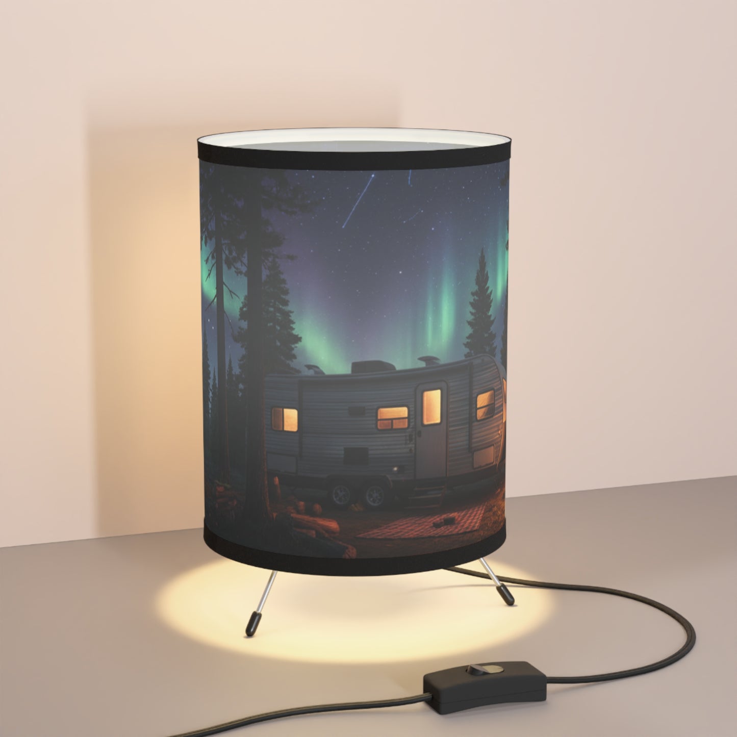 Aurora Night Camper Tripod Lamp — RV Campfire Scene Printed Shade