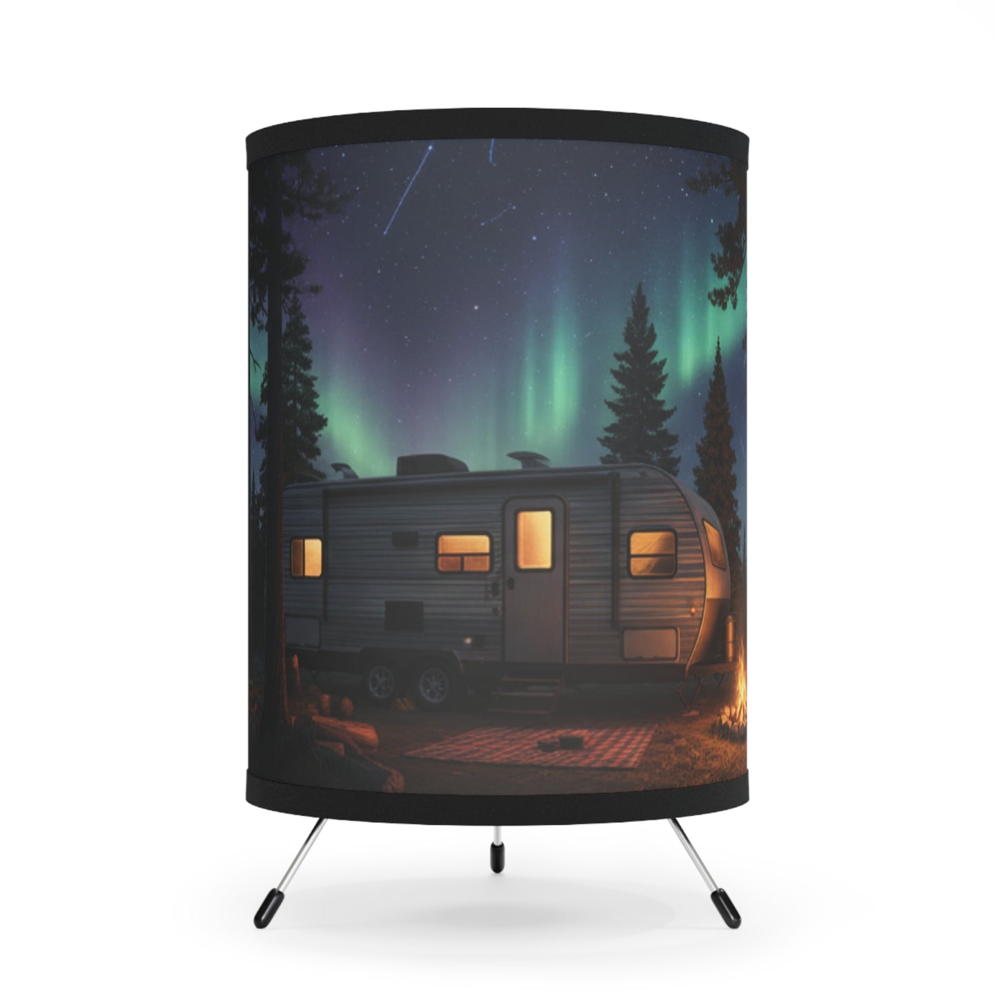 Aurora Night Camper Tripod Lamp — RV Campfire Scene Printed Shade