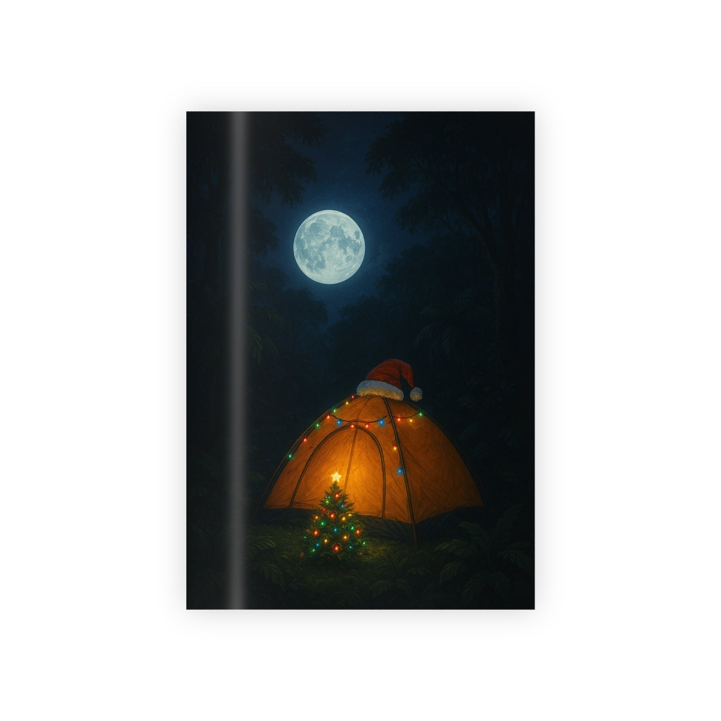 Tent with Santa hat and Christmas tree under a full moon