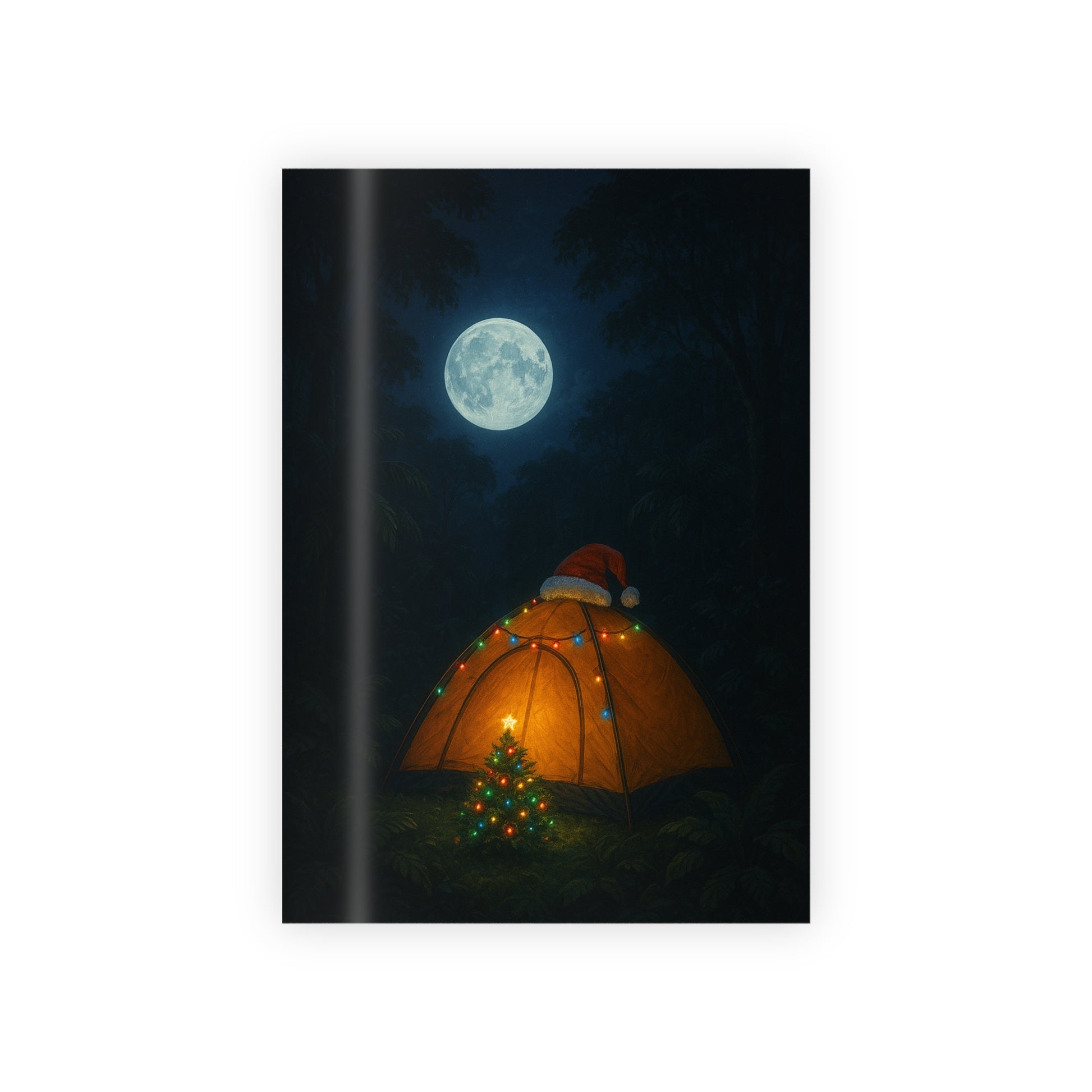 Tent with Santa hat and Christmas tree under a full moon