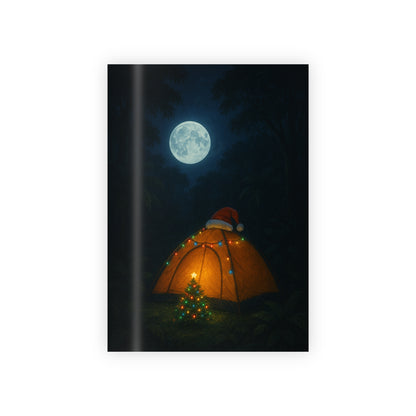 Tent with Santa hat and Christmas tree under a full moon