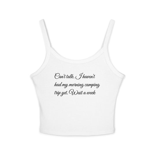 White tank top with black text on a white background