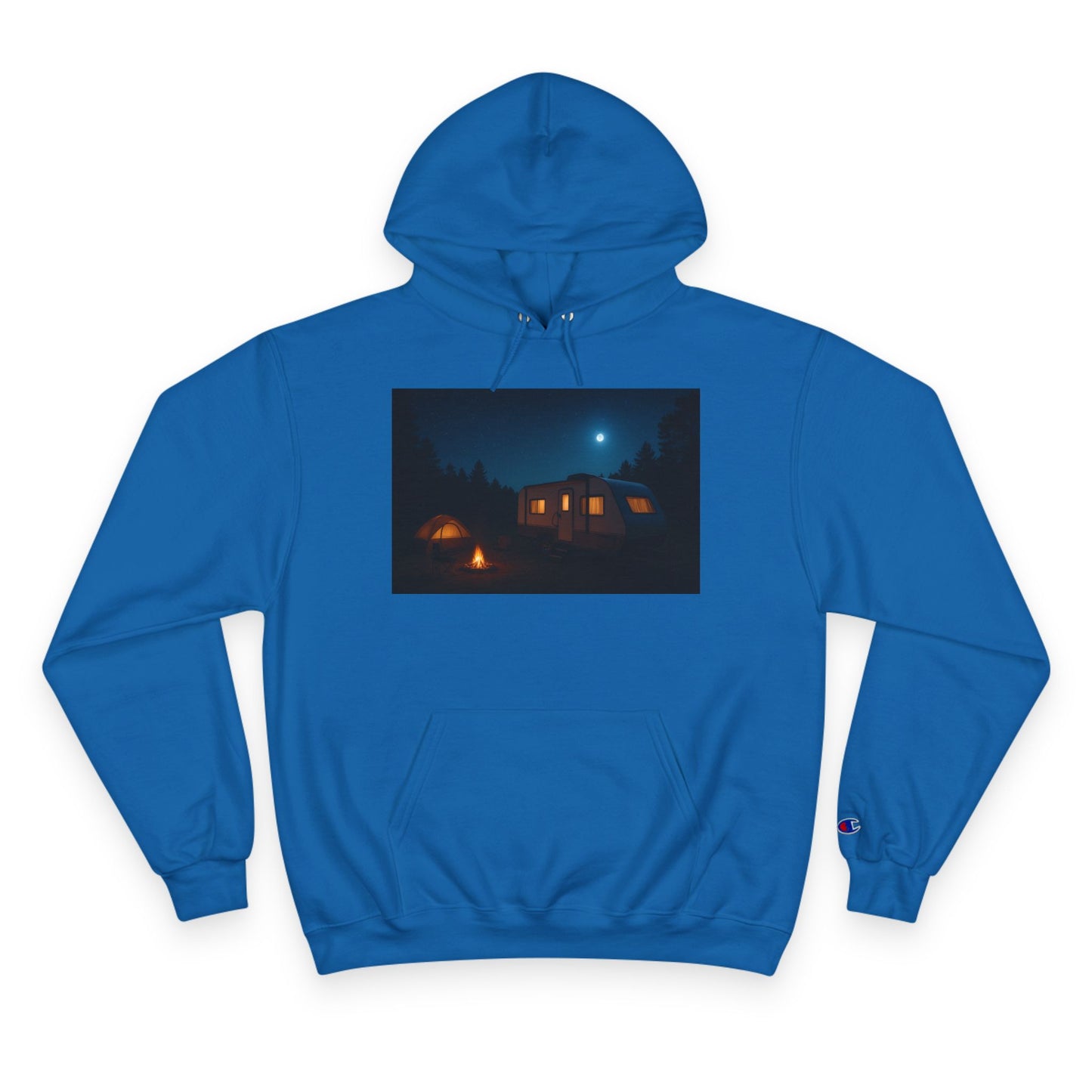 Cozy Nighttime Champion Hoodie - Moonlit Cabin Design