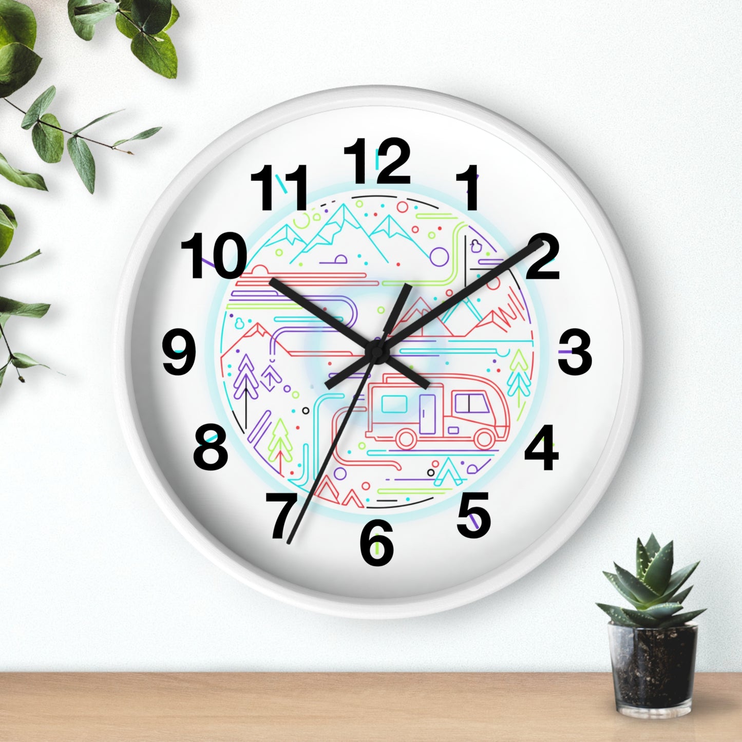 Camping RV Wall Clock — Colorful Mountain Adventure Timepiece
