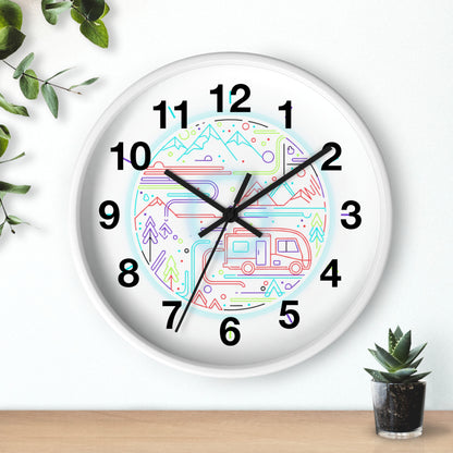 Camping RV Wall Clock — Colorful Mountain Adventure Timepiece