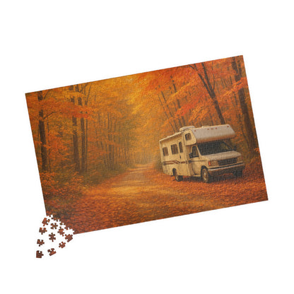 Jigsaw puzzle with a forest and camper design on a white background