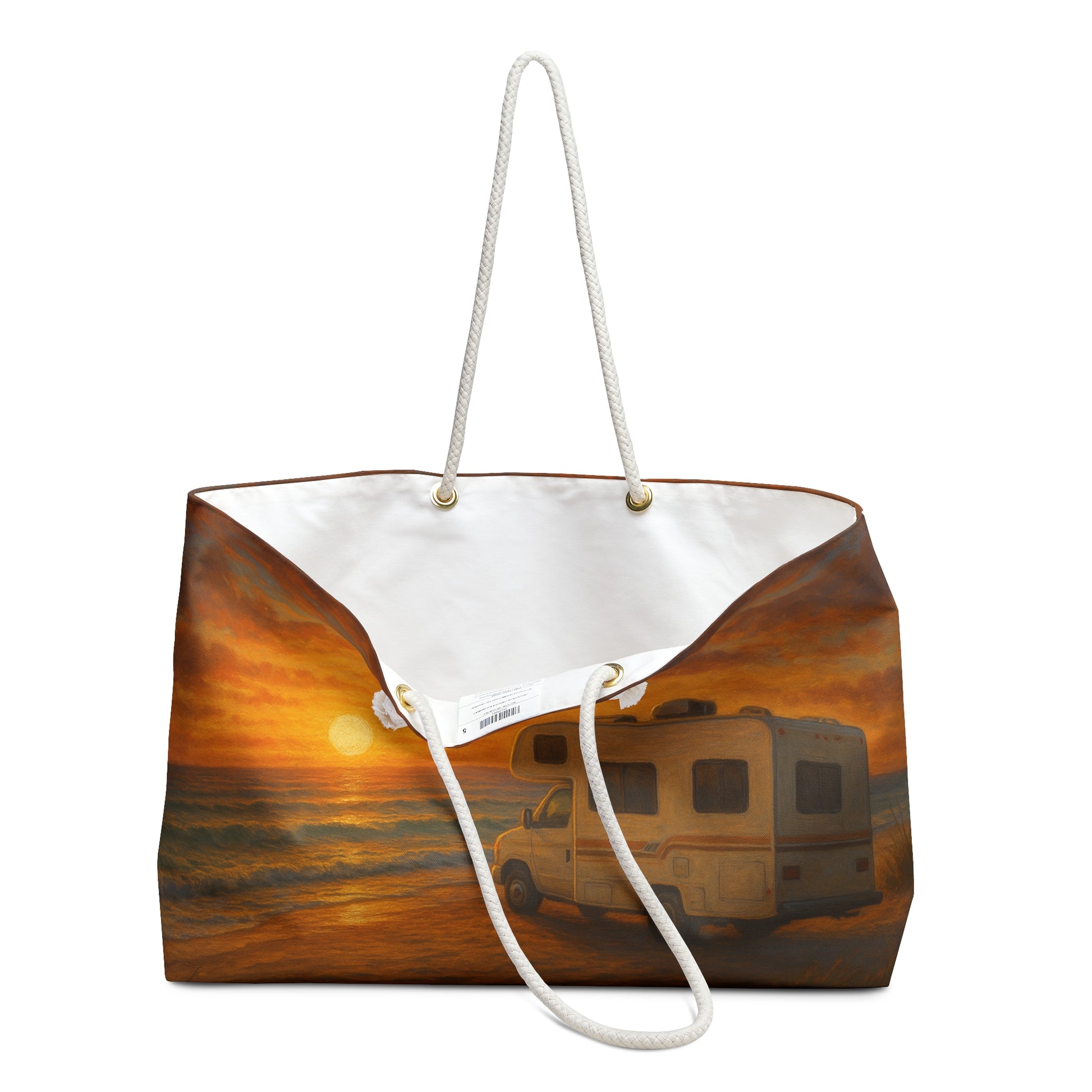 Tote bag with a sunset and camper van design on a white background