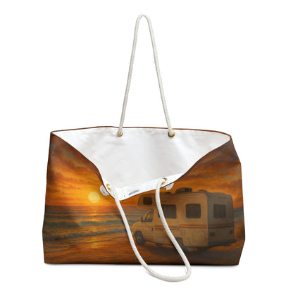 Tote bag with a sunset and camper van design on a white background