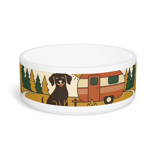 Camping Pup Pet Bowl — Retro Camper & Forest Dog Ceramic Bowl