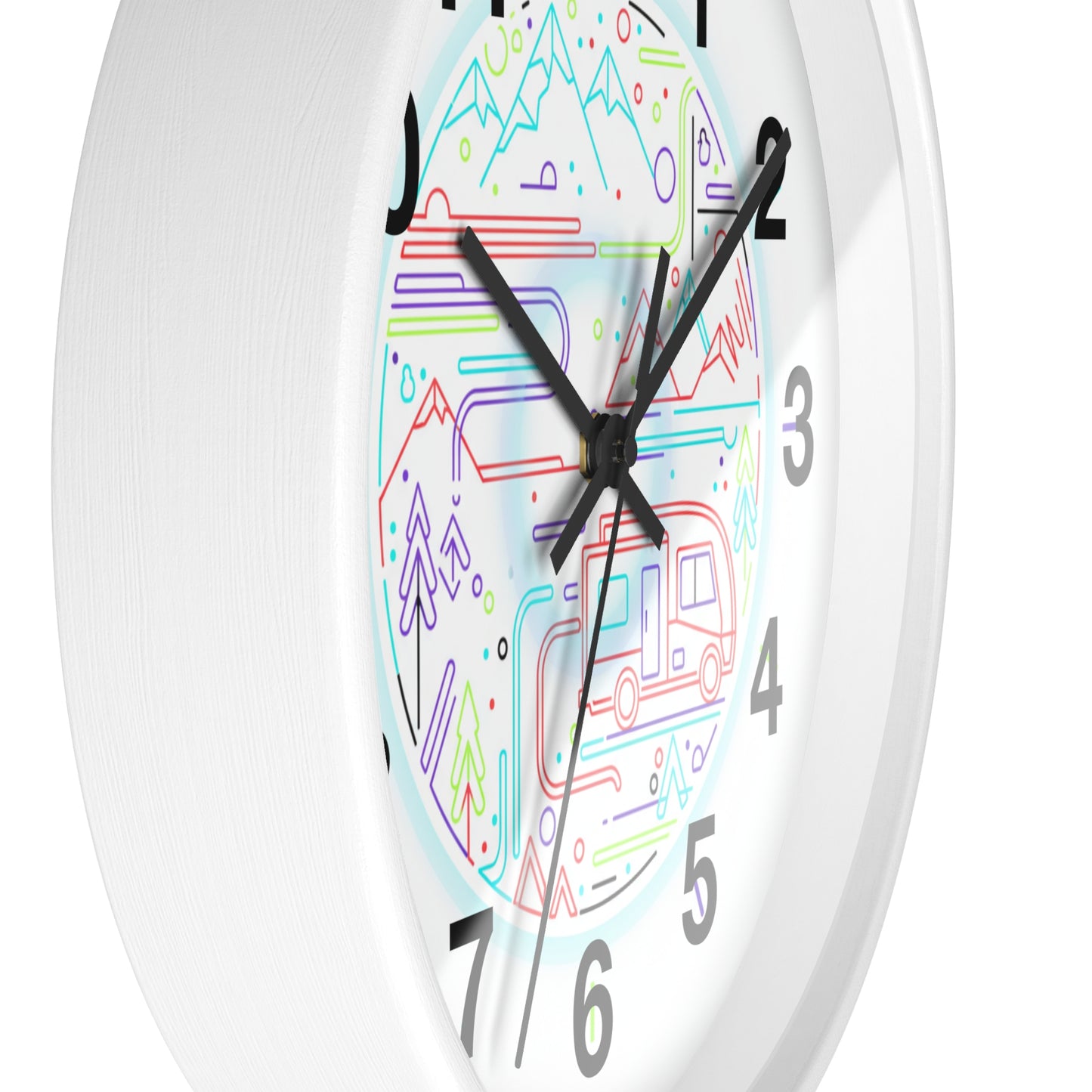 Camping RV Wall Clock — Colorful Mountain Adventure Timepiece