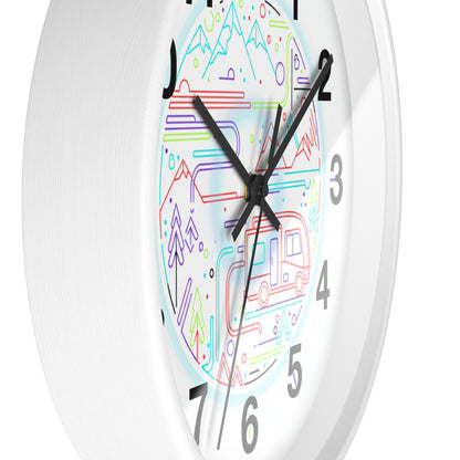 Camping RV Wall Clock — Colorful Mountain Adventure Timepiece