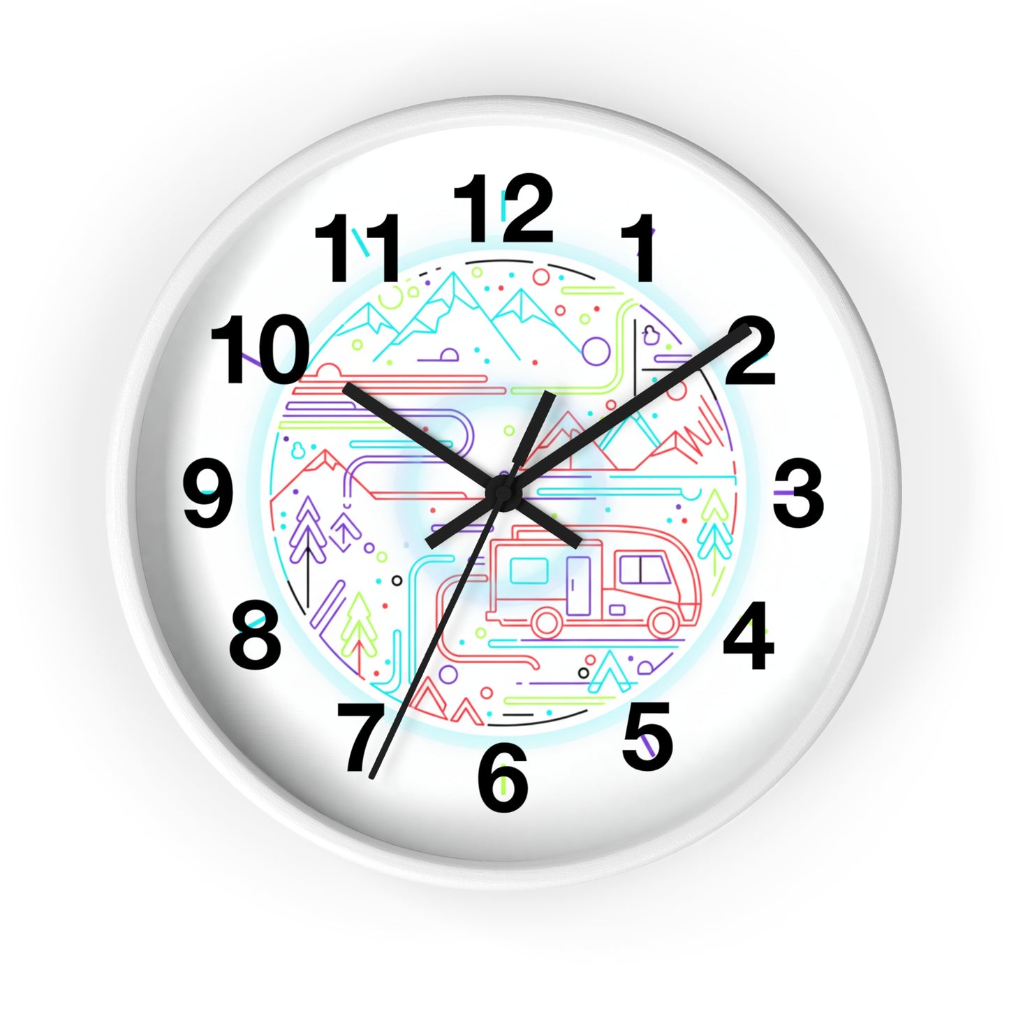 Camping RV Wall Clock — Colorful Mountain Adventure Timepiece