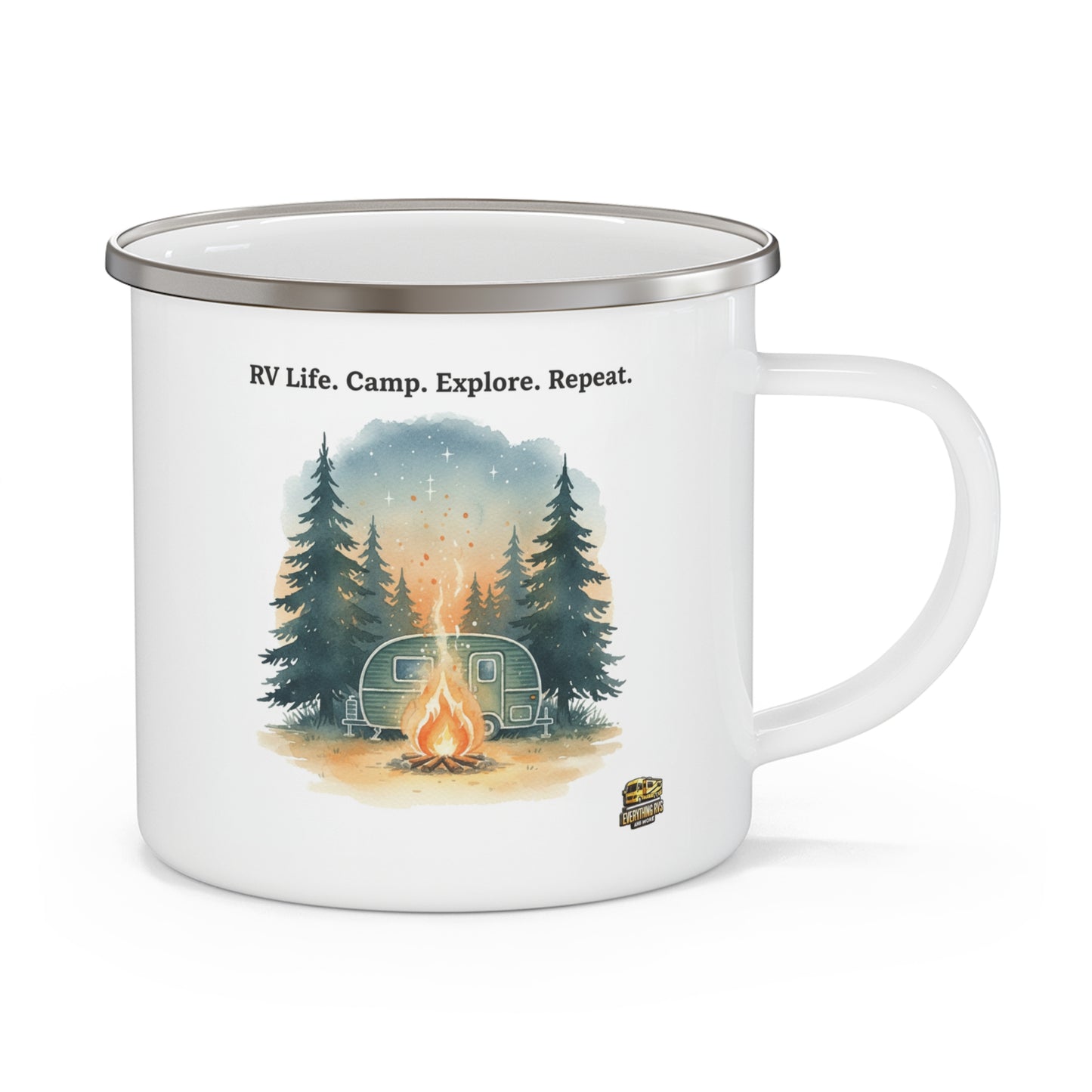 Enamel Camping Mug — "RV Life. Camp. Explore. Repeat." Retro Forest Camper Campfire Design