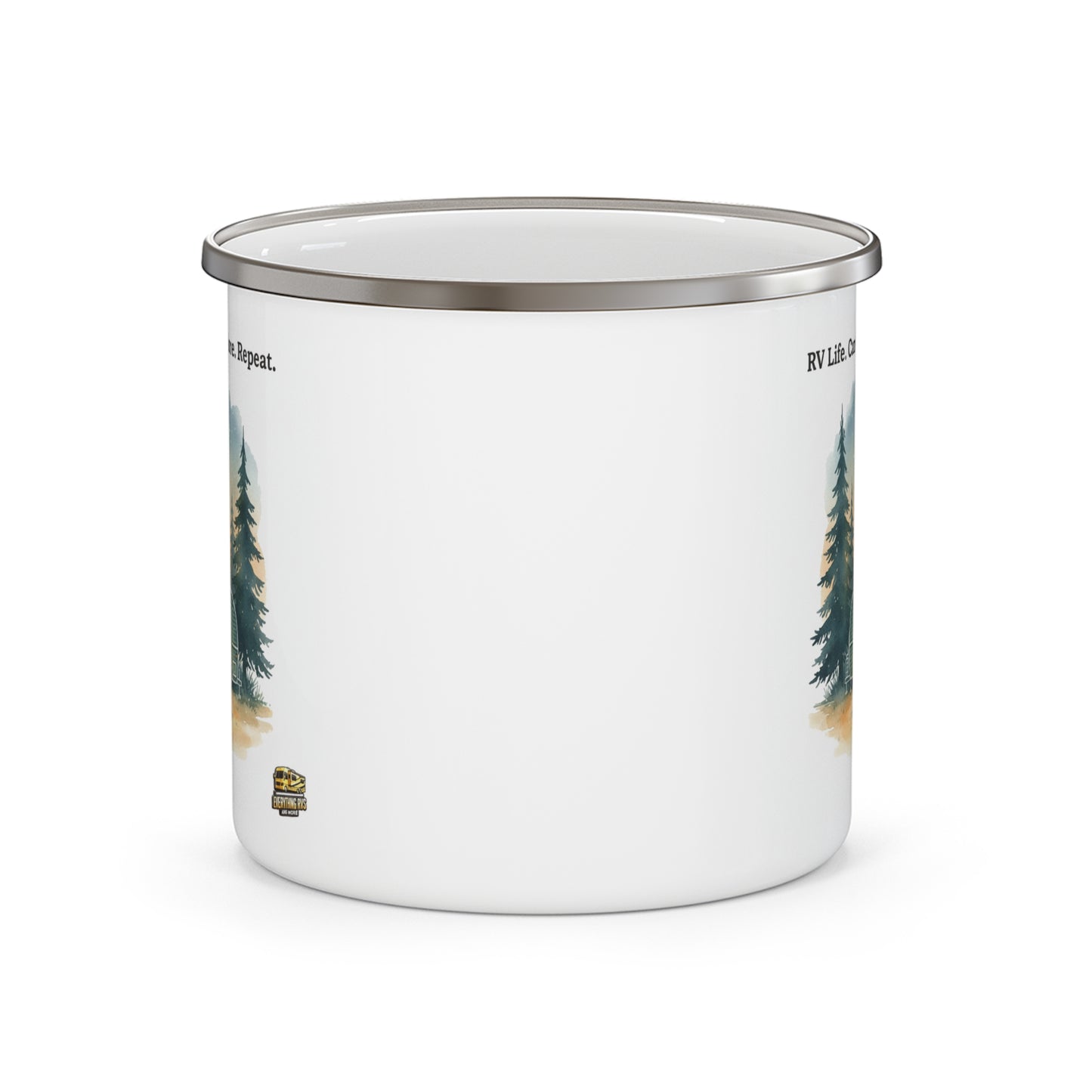 Enamel Camping Mug — "RV Life. Camp. Explore. Repeat." Retro Forest Camper Campfire Design