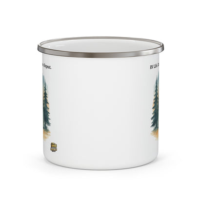 Enamel Camping Mug — "RV Life. Camp. Explore. Repeat." Retro Forest Camper Campfire Design