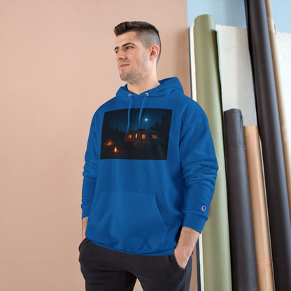 Cozy Nighttime Champion Hoodie - Moonlit Cabin Design
