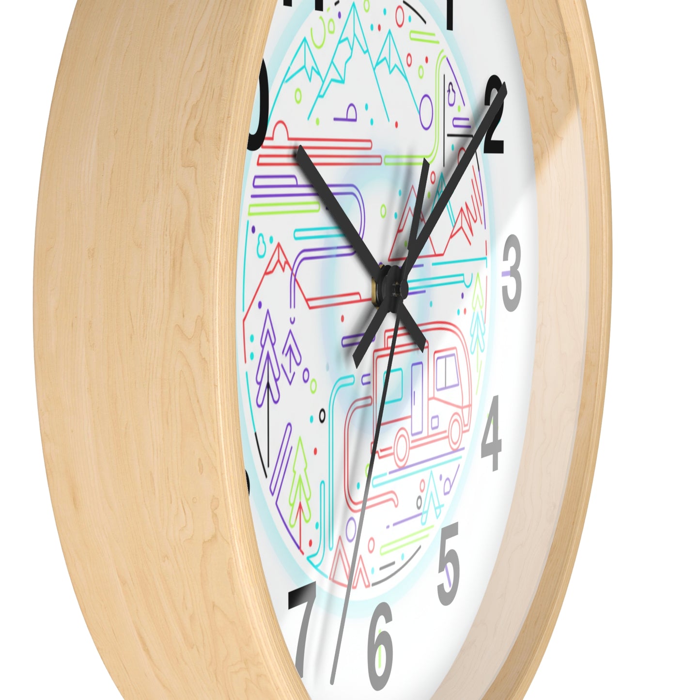 Camping RV Wall Clock — Colorful Mountain Adventure Timepiece