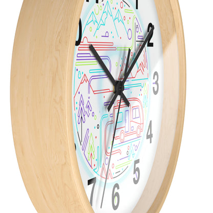 Camping RV Wall Clock — Colorful Mountain Adventure Timepiece