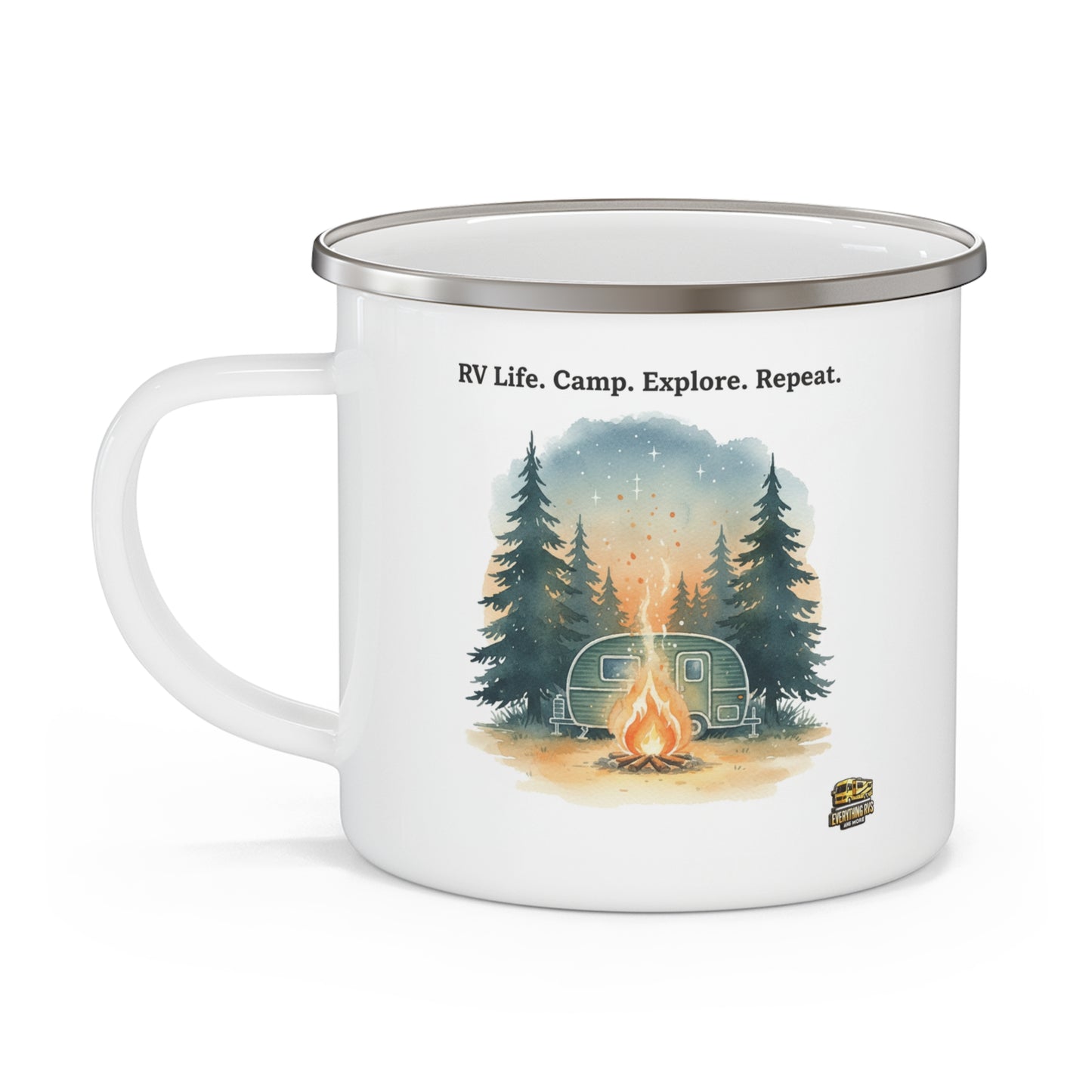 Enamel Camping Mug — "RV Life. Camp. Explore. Repeat." Retro Forest Camper Campfire Design