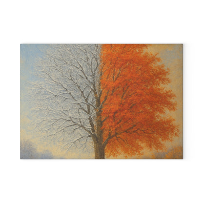 Two trees, one with bare branches and the other with vibrant orange leaves, set against a gradient sky.