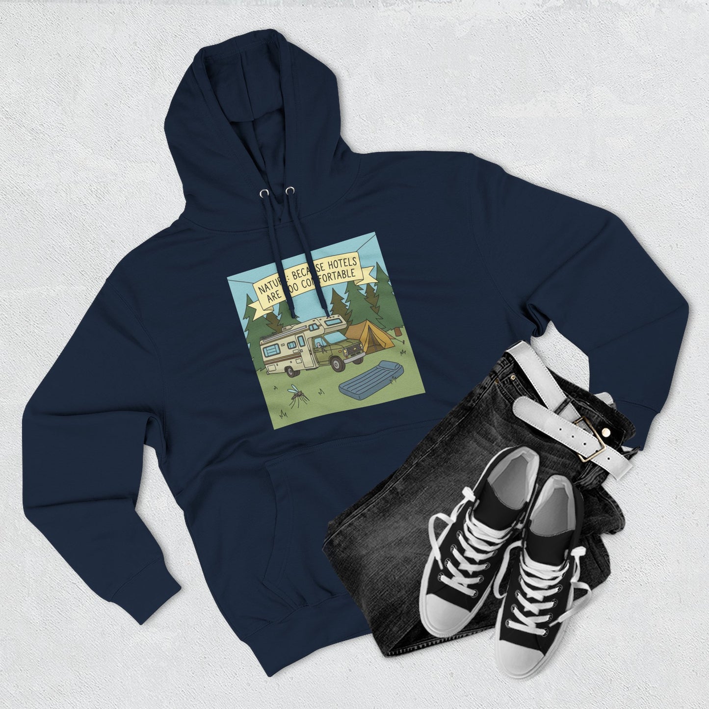 Camping Hoodie — "Nature Beats Hotels" RV & Tent Outdoor Pullover