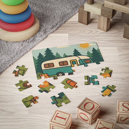 Children's puzzle with camper design and scattered letters on a wooden floor.