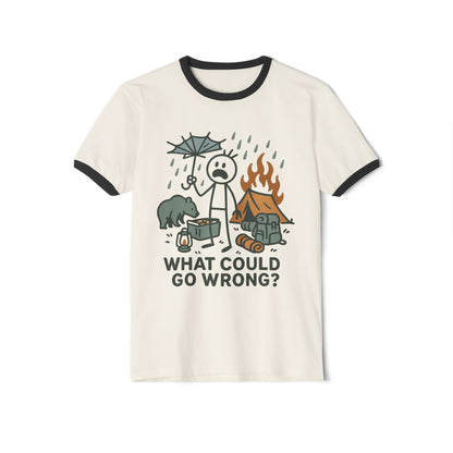 Camping Disaster Graphic T-Shirt — "What Could Go Wrong?" Funny Outdoor Adventure Tee