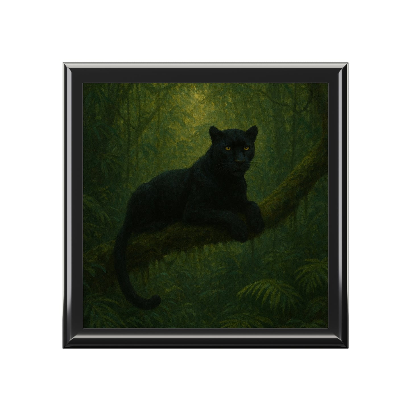 Framed artwork of a black panther in a forest setting