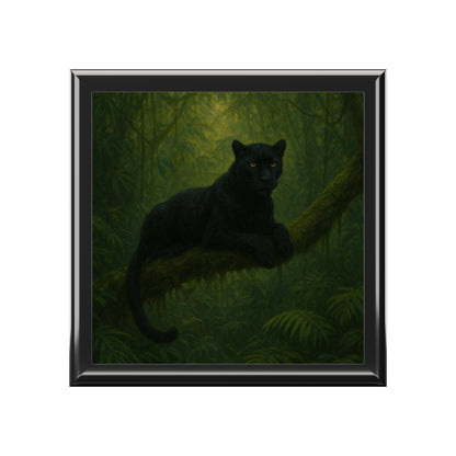 Framed artwork of a black panther in a forest setting