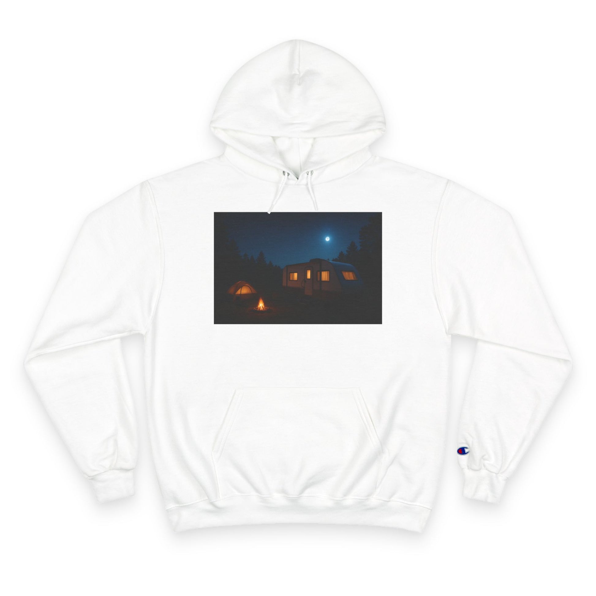 White hoodie with a printed design of a house at night on a white background