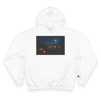 White hoodie with a printed design of a house at night on a white background