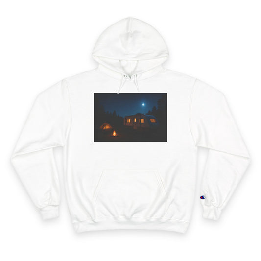 White hoodie with a printed design of a house at night on a white background