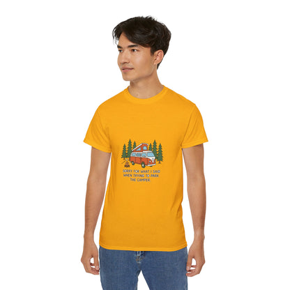 Camping Tee — “Sorry For What I Said When Trying To Park The Camper” Graphic Shirt