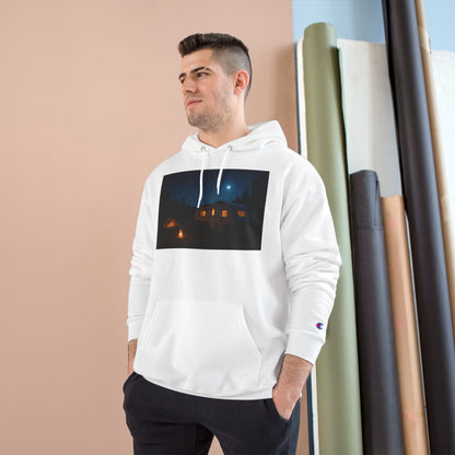 Cozy Nighttime Champion Hoodie - Moonlit Cabin Design