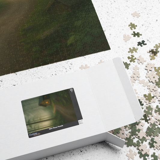 Jigsaw puzzle with a box displaying an image of a dark, atmospheric scene.