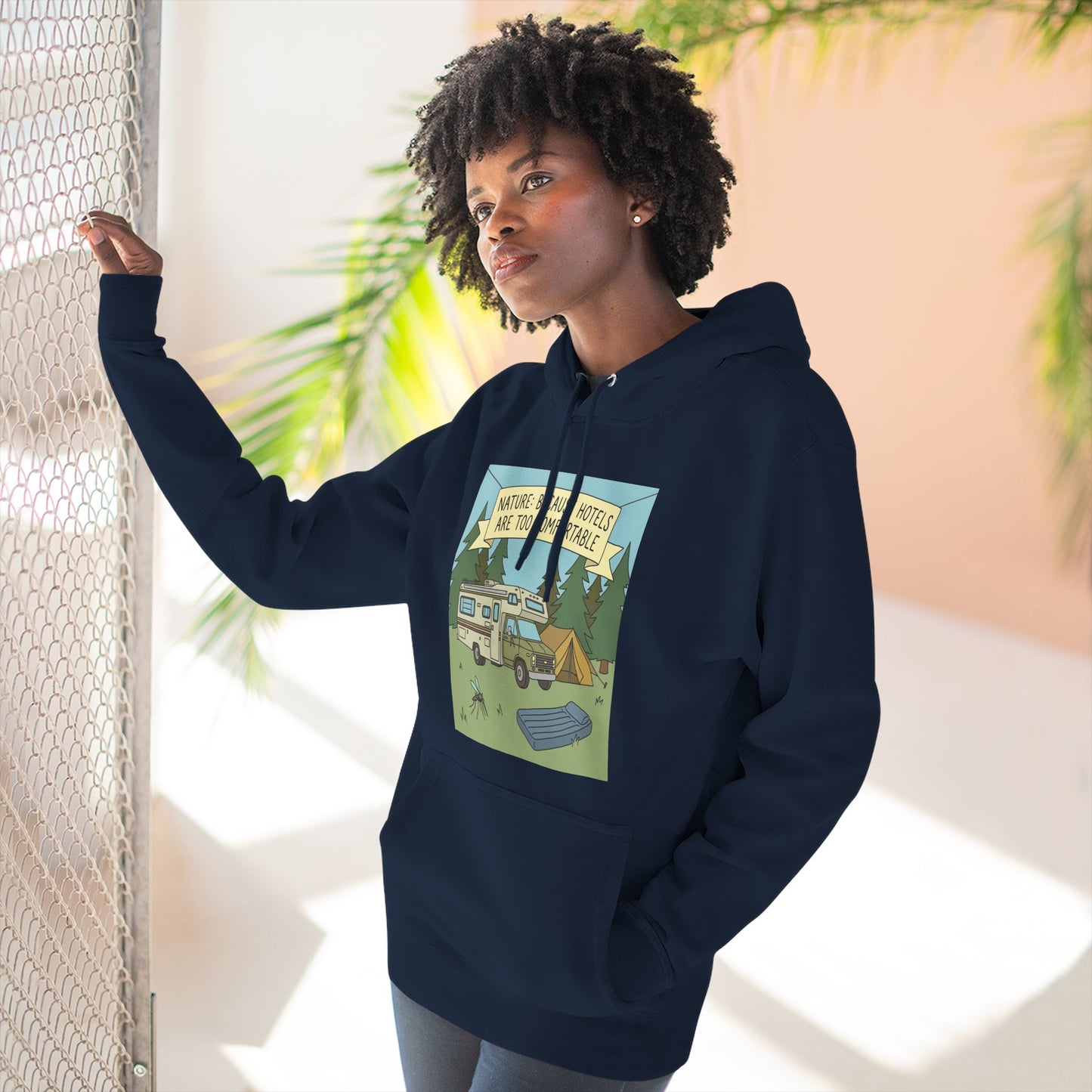 Camping Hoodie — "Nature Beats Hotels" RV & Tent Outdoor Pullover
