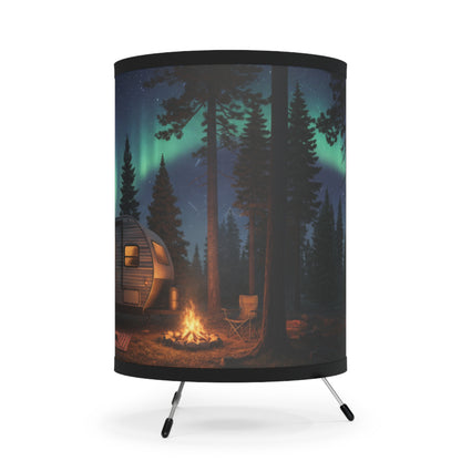 Aurora Night Camper Tripod Lamp — RV Campfire Scene Printed Shade