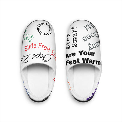 White slippers with text on a white background