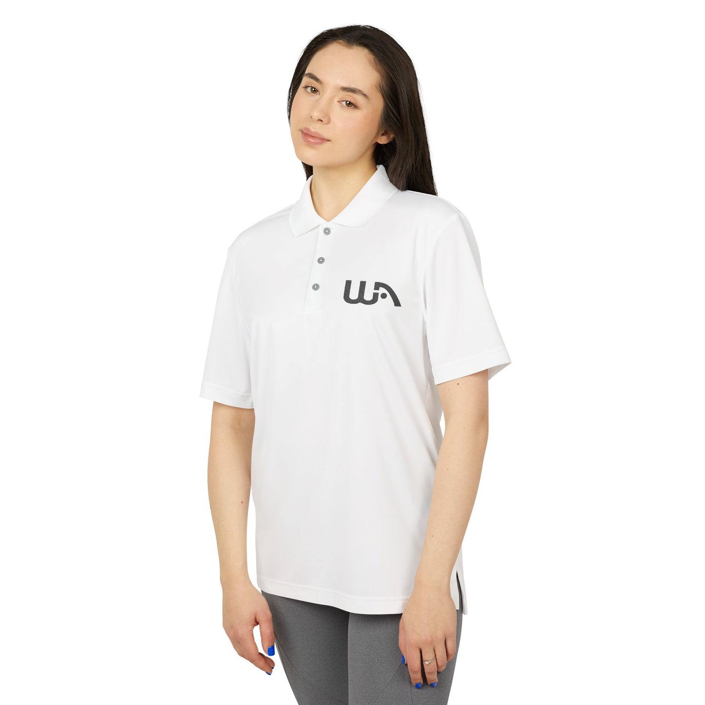 Minimalist White Performance Polo with WA Logo — Breathable Athletic Golf Shirt