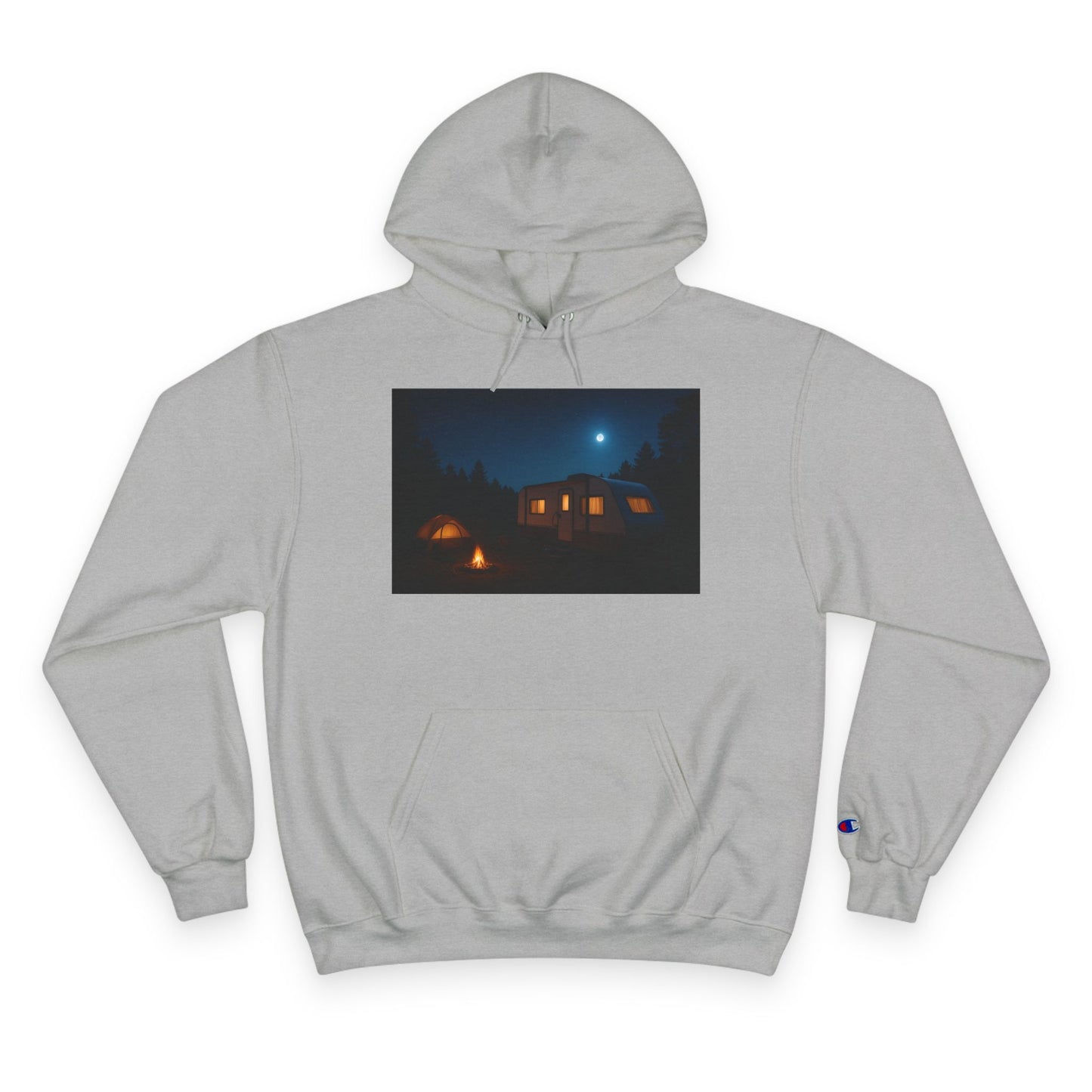 Cozy Nighttime Champion Hoodie - Moonlit Cabin Design
