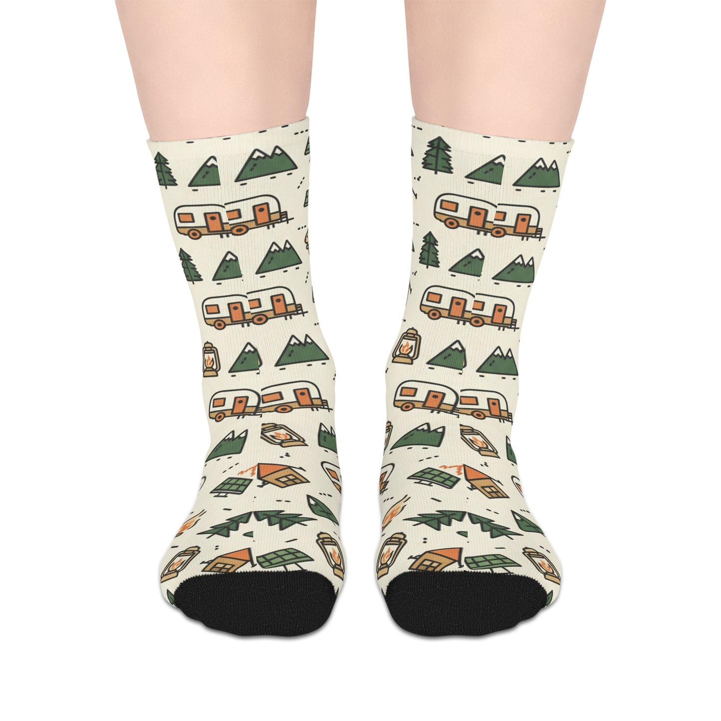 Camping Pattern Mid-Length Socks — Retro Camper, Tents & Pine Trees