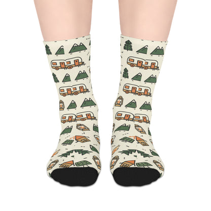 Camping Pattern Mid-Length Socks — Retro Camper, Tents & Pine Trees