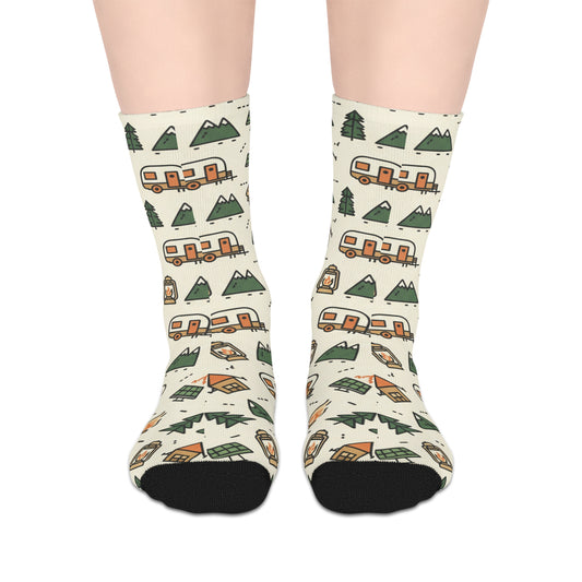 Camping Pattern Mid-Length Socks — Retro Camper, Tents & Pine Trees