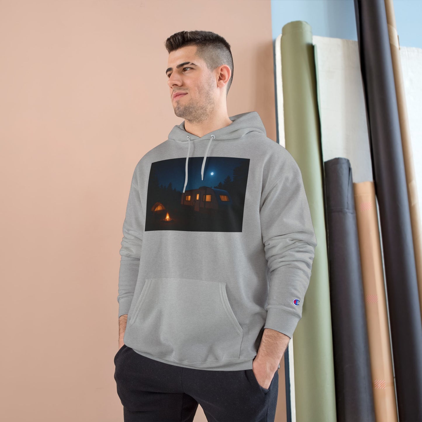 Cozy Nighttime Champion Hoodie - Moonlit Cabin Design