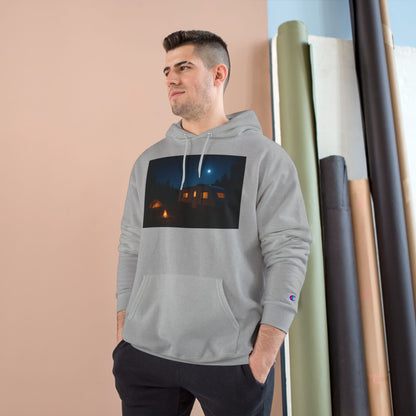 Cozy Nighttime Champion Hoodie - Moonlit Cabin Design