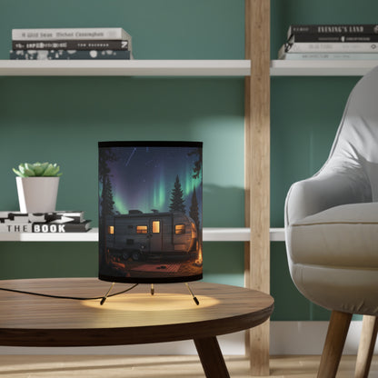 Aurora Night Camper Tripod Lamp — RV Campfire Scene Printed Shade