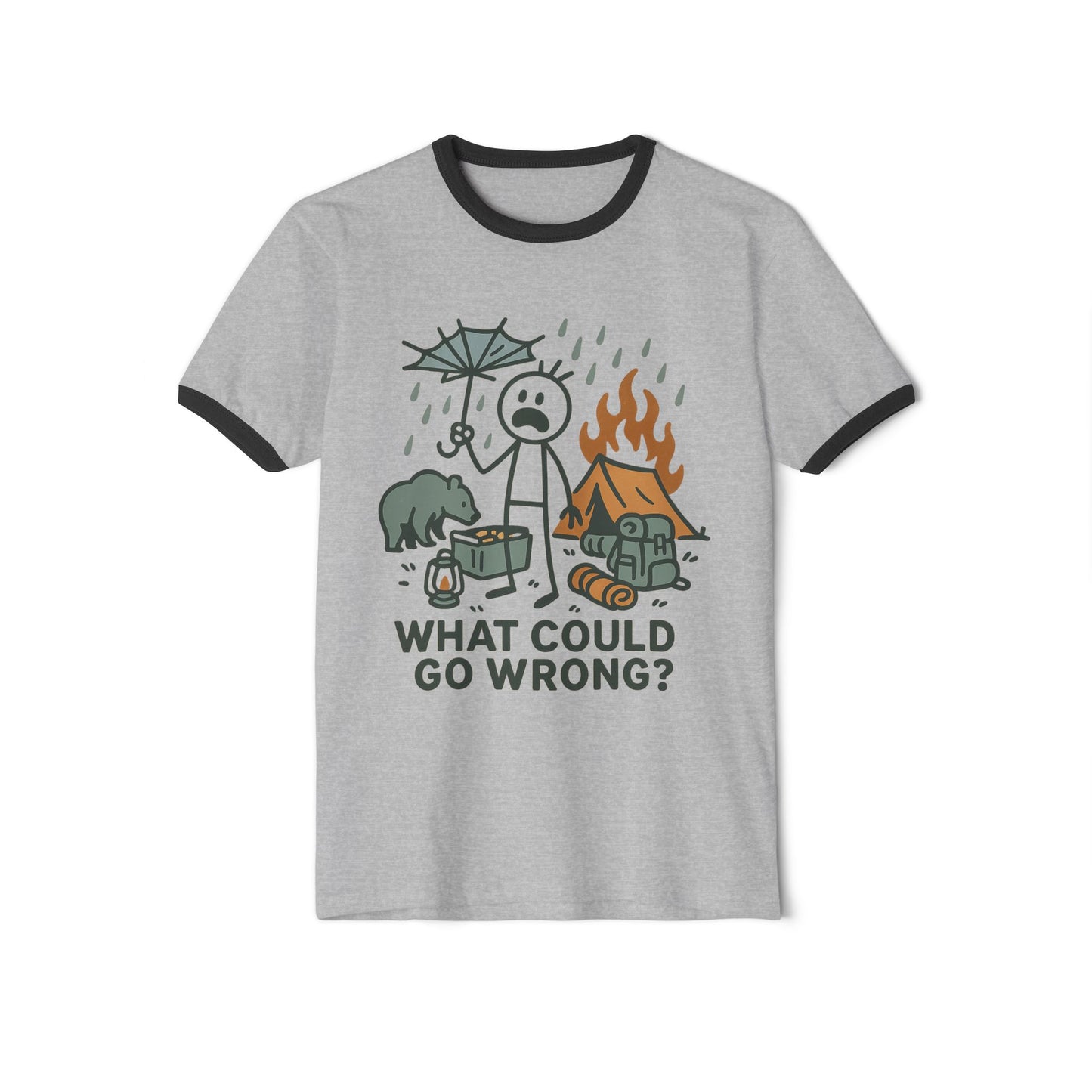 Camping Disaster Graphic T-Shirt — "What Could Go Wrong?" Funny Outdoor Adventure Tee