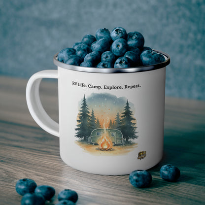 Enamel Camping Mug — "RV Life. Camp. Explore. Repeat." Retro Forest Camper Campfire Design