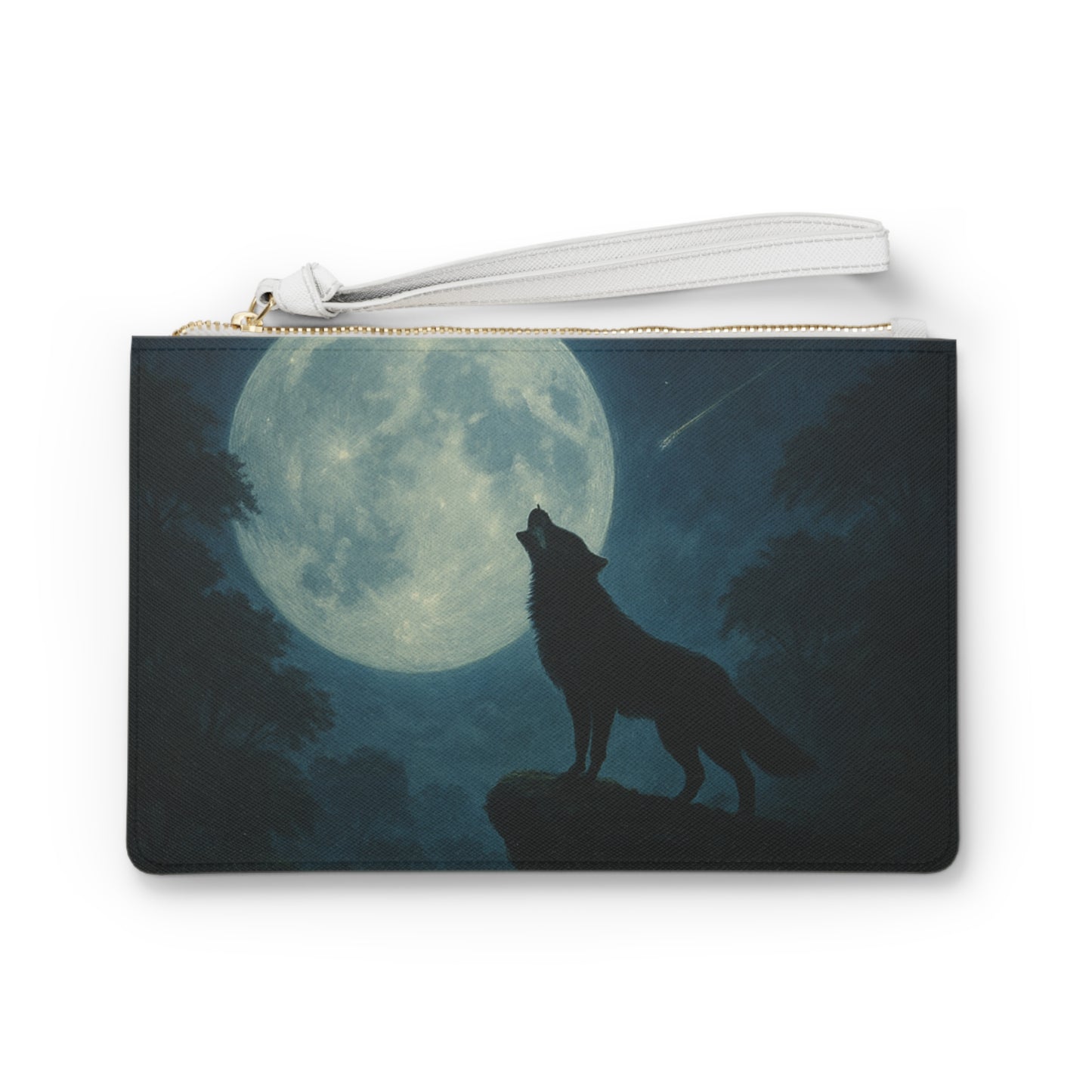 Pouch with a wolf howling at the moon design on a white background