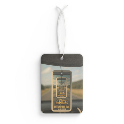 Luggage tag with road and car design on a white background